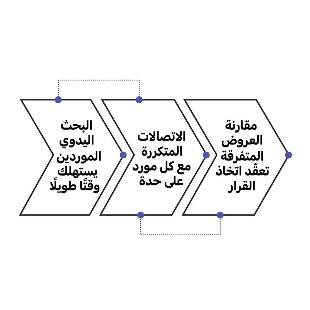 البحث اليدوي للموردين يستهلك وقتًا طويلًا. الاتصالات المتكررة مع كل مورد على حدة. مقارنة العروض المتفرقة تعقّد اتخاذ القرار