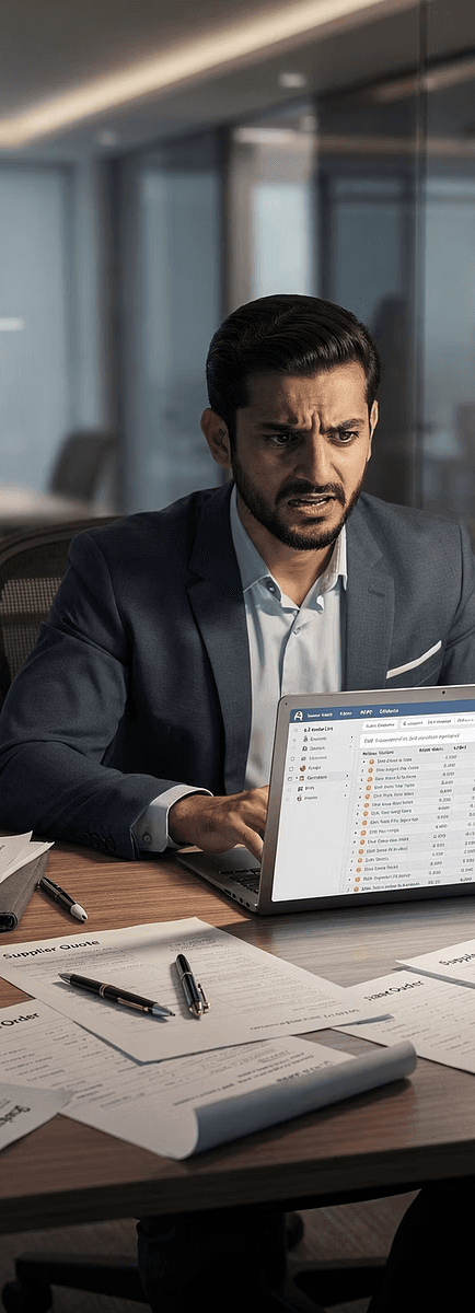 متخصص مشتريات يعمل على اللابتوب وسط تحديات البحث التقليدي عن الموردين