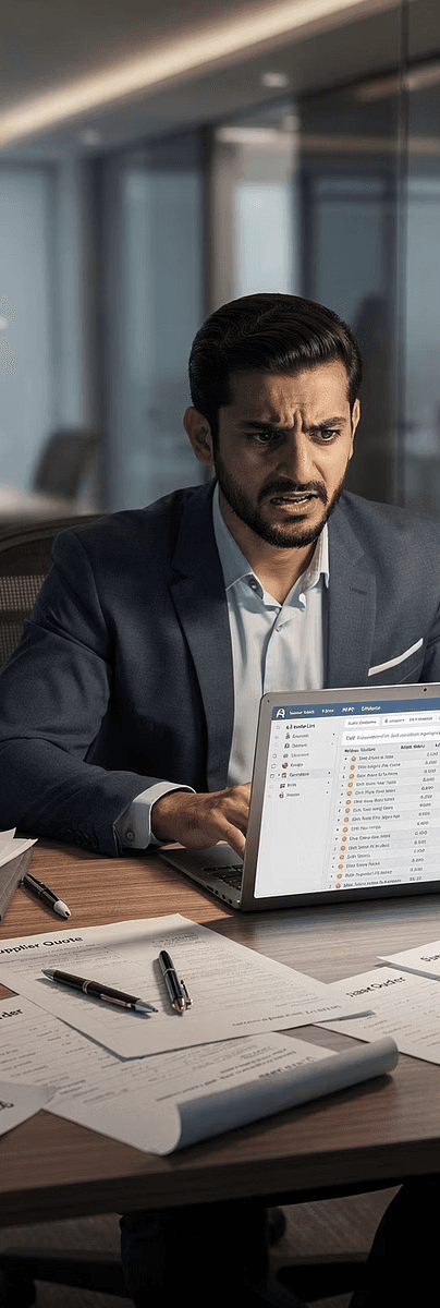 Procurement professional working on a laptop amid traditional supplier-search challenges